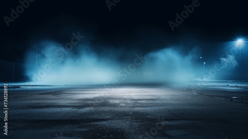 Rays, spotlights light. Empty dark scene with blue light. Asphalt blue dark street with smoke