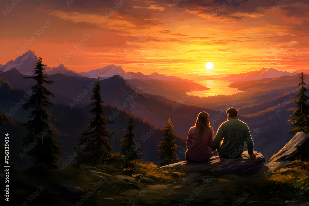 Happy couple sits on stones in the mountains and admires the landscape and sunset, mountain landscape