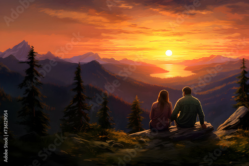 Happy couple sits on stones in the mountains and admires the landscape and sunset  mountain landscape