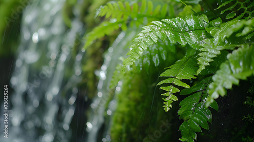Lush Vegetation Macro: Close-Up Shot Revealing Intricate Details of Moss and Ferns Near Waterfall
