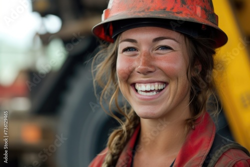 Female strength captured: A happy, attractive woman dons a helmet and dirty clothes, standing confidently with a tractor behind her. Generated AI