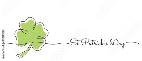 St. Patrick's Day single line typography background with four-leaf clover and handwritten style text. Banner or greeting card minimal concept. Vector illustration.