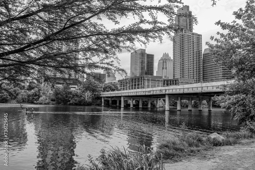 S 1st Street Bridge and Lady Bird Lake views of the City of Austin Texas in Black and White.