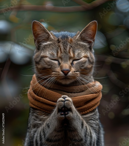 Buddhist cat, animal worship, funny illustration of a cat with folded paws. Concept: Religious sketch, meditative kitten, inspiration and spiritual growth. neutral background © Marynkka_muis