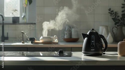 black electric kettle boiling water on a white countertop, emitting steam photo