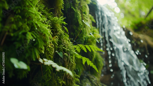 Lush Vegetation Macro: Close-Up Shot Revealing Intricate Details of Moss and Ferns Near Waterfall
