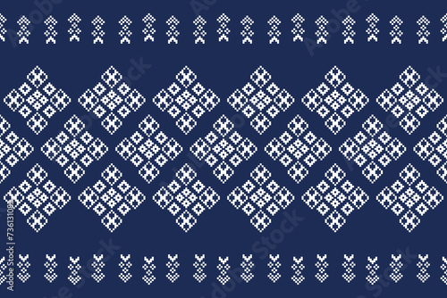 Traditional ethnic motifs ikat geometric fabric pattern cross stitch.Ikat embroidery Ethnic oriental Pixel navy blue background. Abstract,vector,illustration. Texture,scarf,decoration,wallpaper.