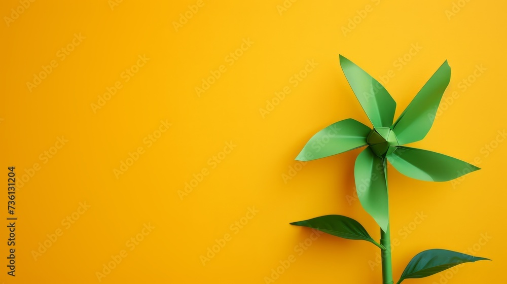 Fototapeta premium Vibrant ESG Symbolism: Spinning Green Pinwheel on Yellow Backdrop