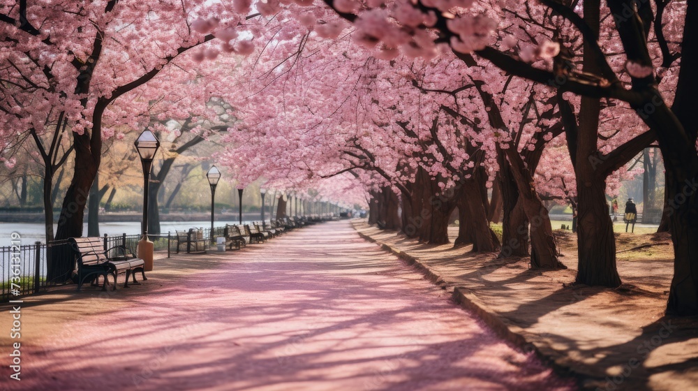 A Walkway Lined With Cherry Blossom Trees Next to a Body of Water