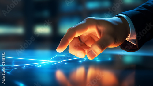 close up of a businessman's hand touching a virtual screen, modern futuristic technology innovation