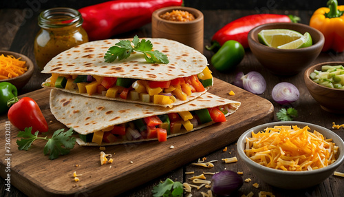 A vegetable quesadilla served on a wooden board, surrounded by various raw ingredients such as sliced bell peppers, diced onions, grated cheese, and tortillas, highlighting the fresh components
