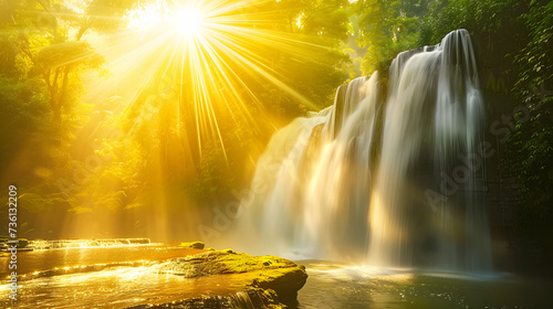 Enchanting Sunburst by Waterfall: Radiant Nature Scene with Glorious Sunlight Filtered Through Trees
