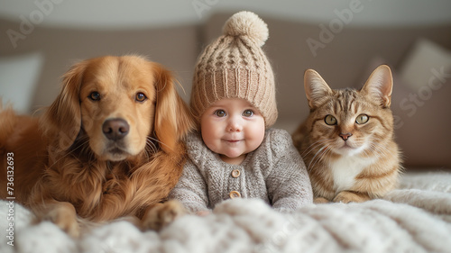 happy family pose with baby, cat and dog together