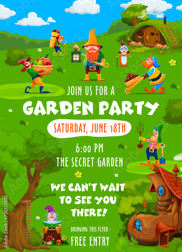 Party flyer with cartoon garden gnome and dwarf characters, vector poster. Kids entertainment event for garden or farm harvest party with funny gnome farmers, burrow homes of fairy tale village