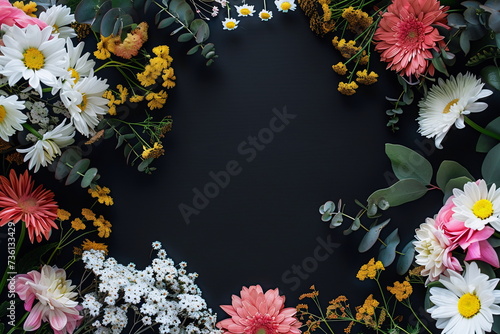 Frame of color flowers on blsck background with copy space
