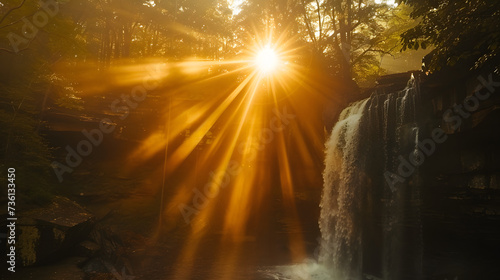 Enchanting Sunburst by Waterfall: Radiant Nature Scene with Glorious Sunlight Filtered Through Trees
