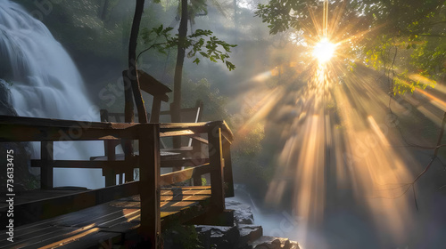 Enchanting Sunburst by Waterfall: Radiant Nature Scene with Glorious Sunlight Filtered Through Trees

