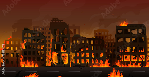 Burning city, damaged buildings and destroyed houses. War and terror attack apocalypse landscape in fire. cartoon vector abandoned broken urban infrastructure with smoke and flame, bomb destruction