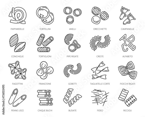 Pasta type outline icons. Pappardelle, tortellini and anelli, orecchiette and campanelle, conchiglie, tortiglioni, pipe rigate, creste and alfabeto, fagottini, francesine, gobetti pasta vector icons