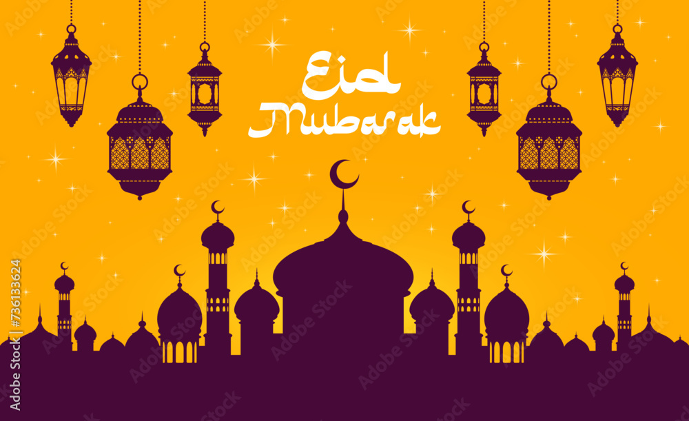 Eid Mubarak and Ramadan Kareem holiday greetings, Arabian lantern lamps with city and Muslim mosque, vector silhouettes. Islam religious holiday banner with traditional Muslim symbols of Eid Mubarak