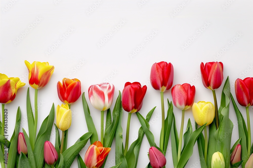 Red and yellow tulips border on white background with copy space. For advertising banners, sliders and flyers. International Women's Day concept Red and yellow tulips border on white background with copy space. For advertising banners, sliders and flyers. International Women's Day concept