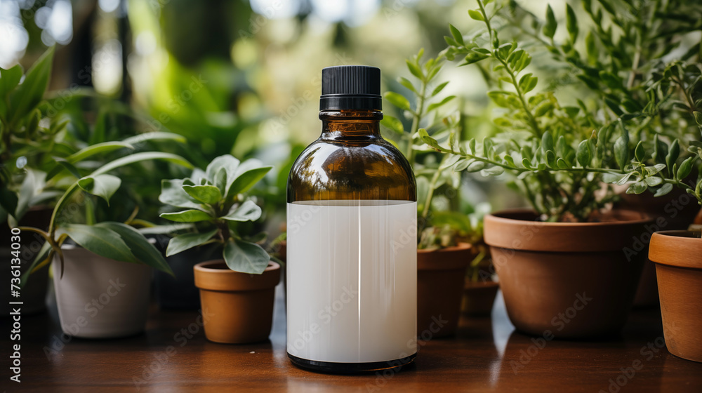 Mockup of blank supplement bottle on a clean white background with plants behind. Selective focus. Copy space. Medicine concept. Mockup of blank supplement bottle on a clean white background with plants behind. Selective focus. Copy space. Medicine concept.