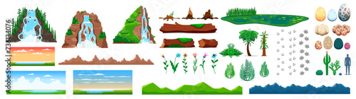 Dinosaur Jurassic era environment game assets, vector waterfall cascade and lake, mountains and river. Dino eggs and footprint fossil, sky and flowers, fern, stumps and logs for dinosaur arcade game