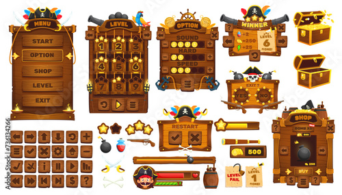 Pirates and corsairs game UI interface, game buttons and GUI elements, vector assets. Pirate cannons and bombs, treasure chest and gold coins, arcade game menu buttons and controls of level options photo