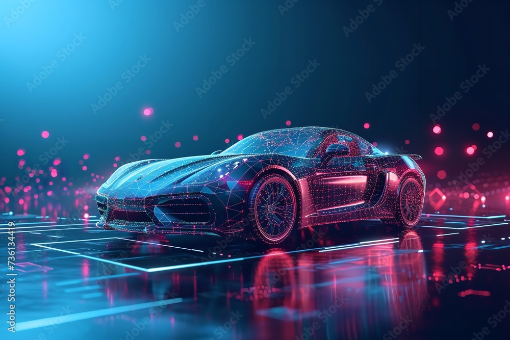A 3D technological car model in a technical backdrop with a shield sign with it, Generative AI.