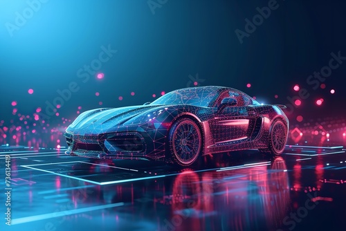 A 3D technological car model in a technical backdrop with a shield sign with it, Generative AI. © Electro Unicorn
