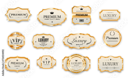 Luxury VIP golden labels, premium tags and award seals, quality stamps and stickers, vector set. Shiny golden VIP badges for premium quality wreath ribbon, star and royal crown for VIP certificate