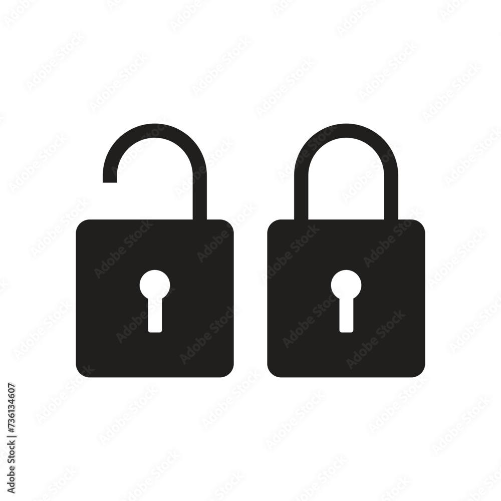 Black padlock flat icon, Black lock icon, on the white background, lock and unlock position with the key, Vector Black padlock flat icon, Black lock icon, on the white background, lock and unlock position with the key, Vector