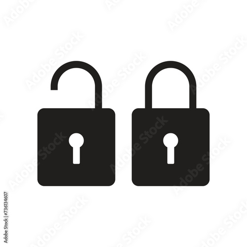 Black padlock flat icon, Black lock icon, on the white background, lock and unlock position with the key, Vector