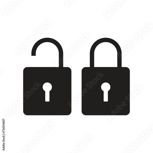 Black padlock flat icon, Black lock icon, on the white background,  lock and unlock position with the key, Vector