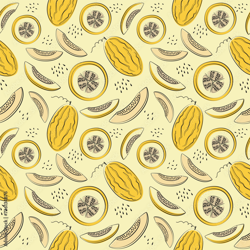 Seamless pattern with melon in flat style. Fruit flat minimal Vector illustration.