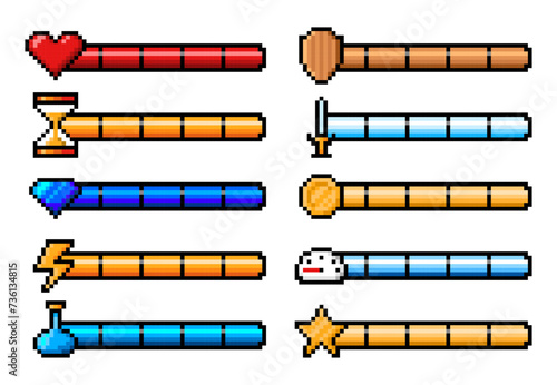 8bit pixel arcade game experience bars and energy levels, vector UI interface elements. Arcade video game life, power and health load, gauge, meters and progress bars with coins score in 8 bit pixel