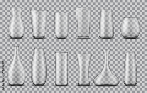 Realistic glass flower vases isolated 3d vector set. Transparent containers designed to hold and display fresh blossoms, come in various shapes and sizes, perfect for stylish elegant home decor