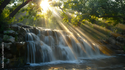 Enchanting Sunburst by Waterfall: Radiant Nature Scene with Glorious Sunlight Filtered Through Trees
