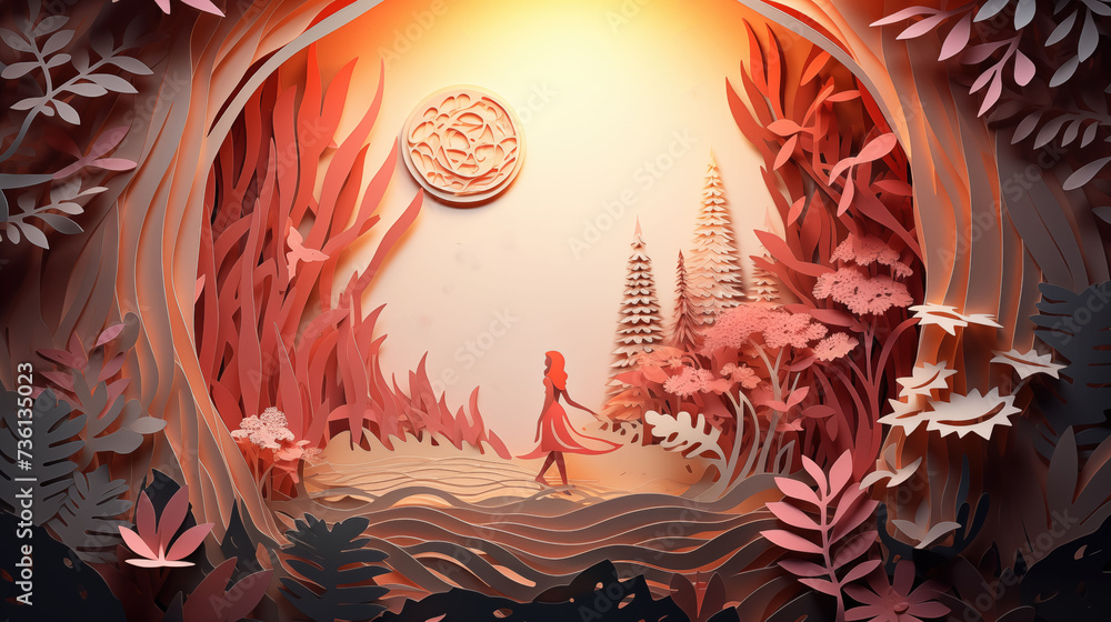 paper craft style illustration, a girl walking forest with moon shine above, Generative Ai