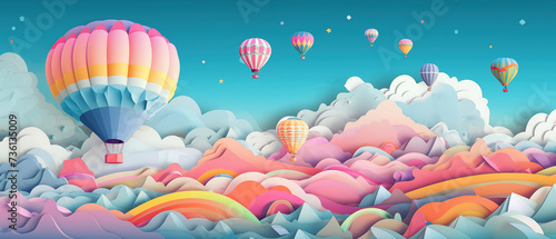 paper craft style illustration, hot air balloons flight floating over mountain ridge, Generative Ai 