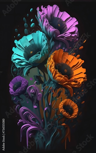 Bright flower painted in watercolor. Digital art 3D illustration. 3d rendering.