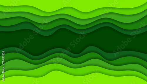 Green paper cut waves or papercut ecology background, vector abstract art. Green grass paper cut pattern, nature and eco eco environment with gradient wavy cutout layers of forest or farm background