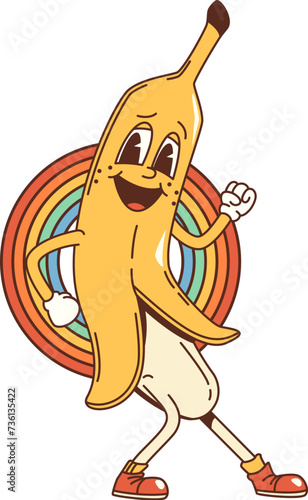 Cartoon groovy banana character. Isolated vector vibrant, mellow psychedelic fruit personage and a perpetual smile, radiates positive vibes, and dancing to funky beats, spreading joy and laughter