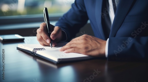 Man hands with pen writing on notebook in the office.learning, education and work.writes goals, plans, make to do and wish list on desk. copy space for text.