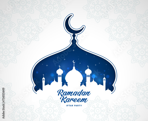 Ramadan Kareem iftar party banner with Muslim mosque dome silhouette, vector invitation card. Islam religious holiday iftar fasting, arabesque pattern background with crescent moon and star on mosque