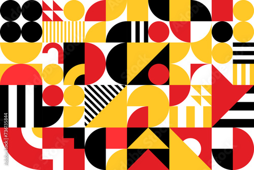 Yellow, red and black abstract modern geometric pattern in Bauhaus art, vector background. Geometric design or Bauhaus style mosaic pattern with minimal simple shapes and retro colors for trendy print