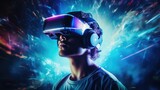 Young man using virtual reality headset. VR glasses, futuristic technology, and video game concept.