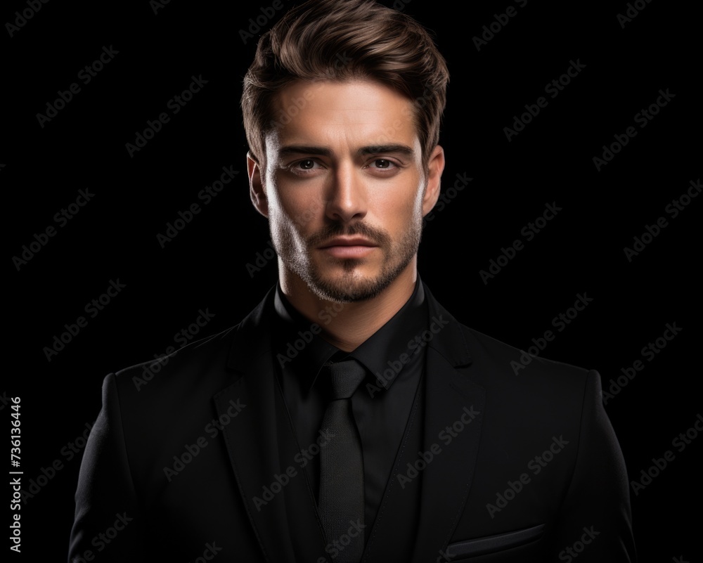 Fresh and Confident Man in Black Suit with Unusual Isolated Background for Photogenic Effect Fresh and Confident Man in Black Suit with Unusual Isolated Background for Photogenic Effect