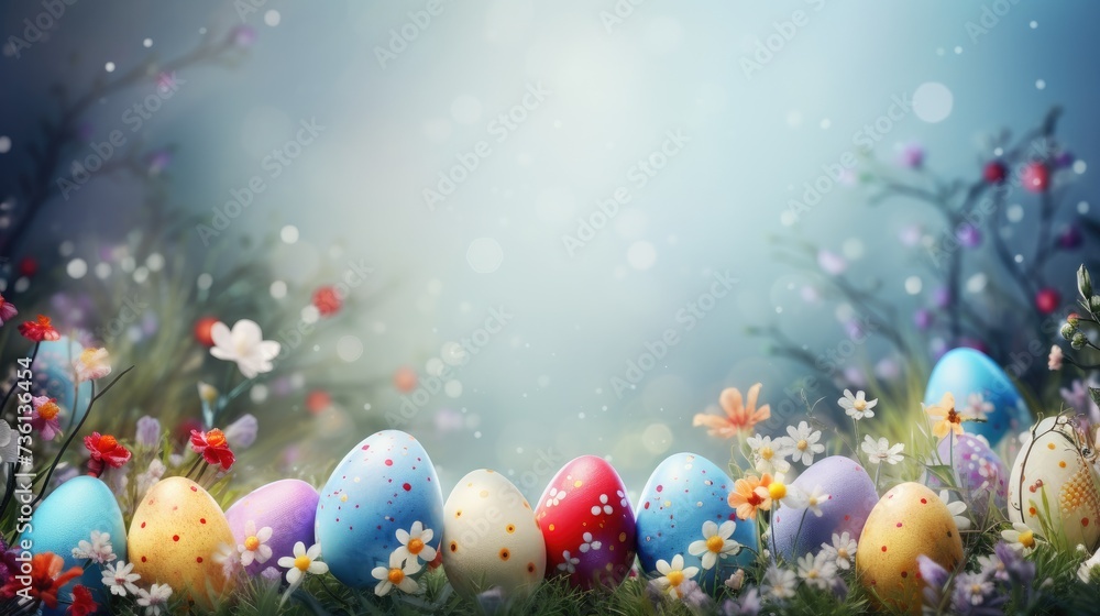 Easter background with eggs and flowers, top view