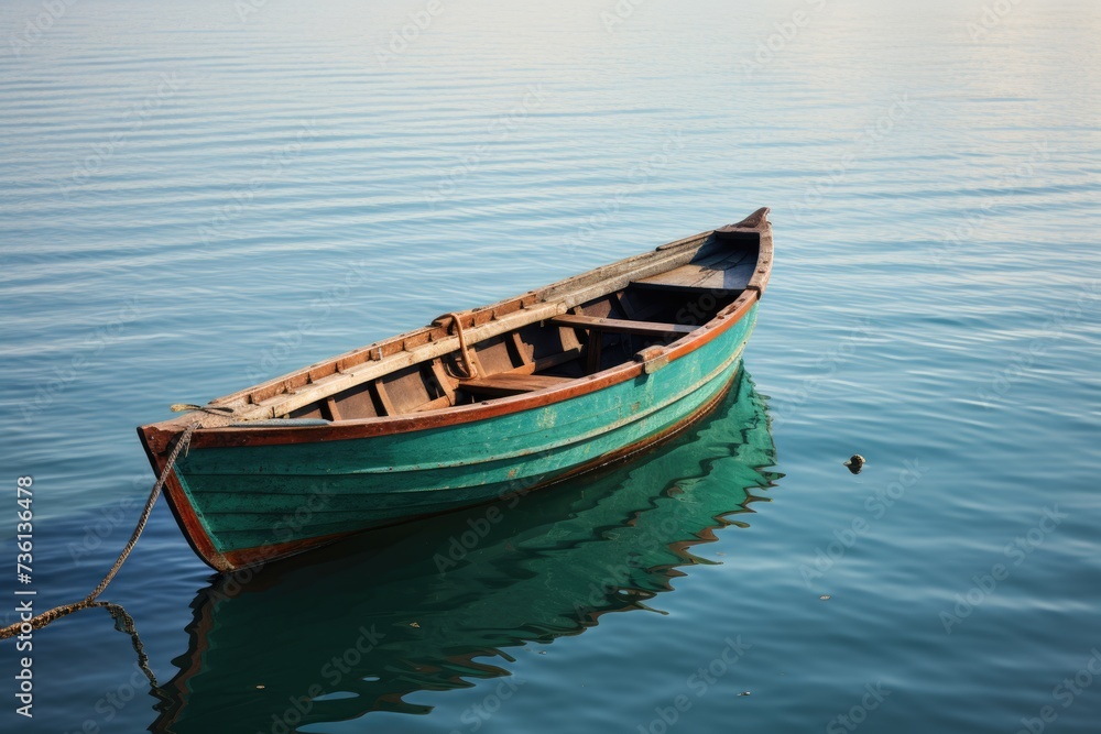 Wood Boat Isolated on White. Wooden Fishing Boat with Blue and Green Colours in a Dark Background